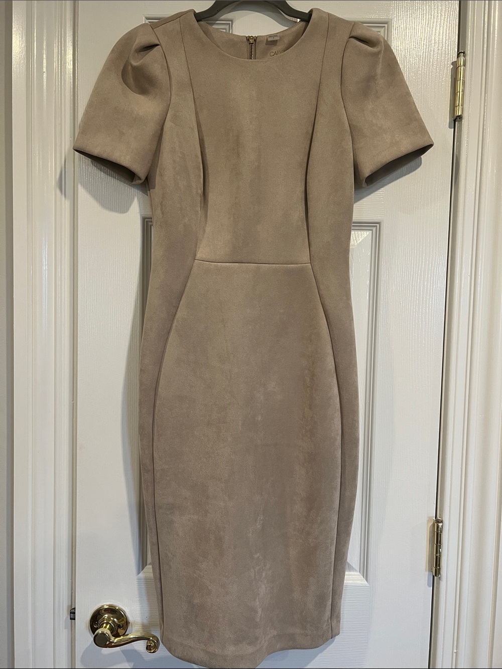 Calvin Klein Taupe Midi Dress with Puff Shoulders